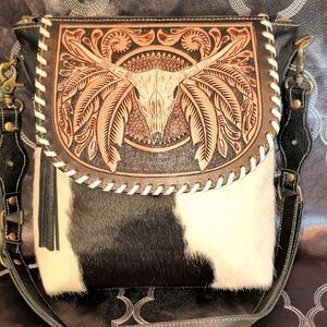 Myra Bag Black and White Crossbody with Brown Accents